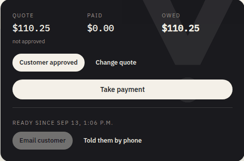 A repair ticket with the quote, amount paid and amount owed